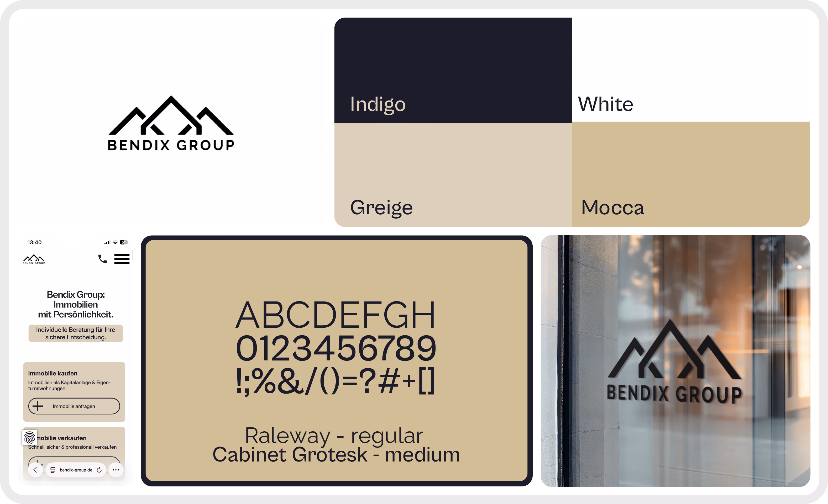 Bild Markenboard mit Bendix Group Logo, Farbpalette Indigo, Weiß, Greige, Mocca und Schriftarten Raleway und Cabinet Grotesk.