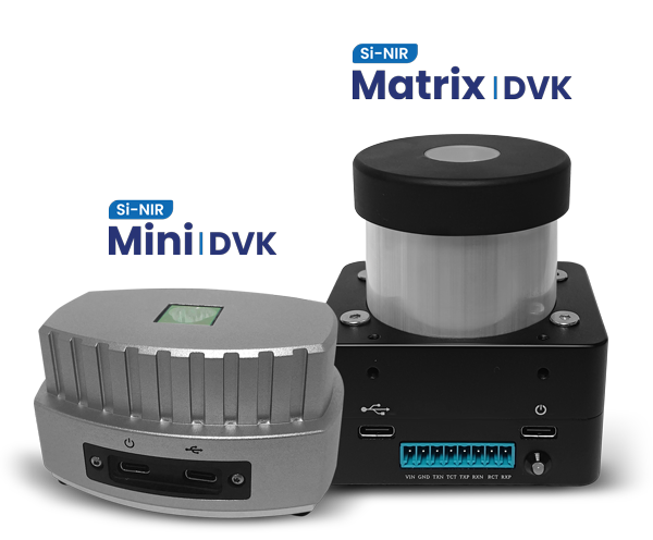 Si-NIR Mini and Matrix Development Kits, two compact scientific devices with USB-C ports and a circular sensor on the Matrix kit.