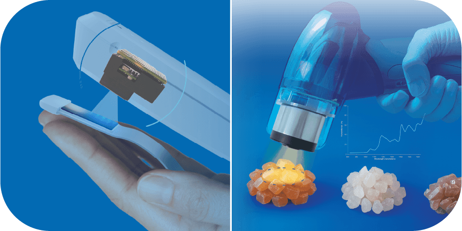 Close-up of a hand holding a portable spectrometer device with a detachable sensor on the left, and the device scanning different mineral samples on the right, with a spectral graph overlay.