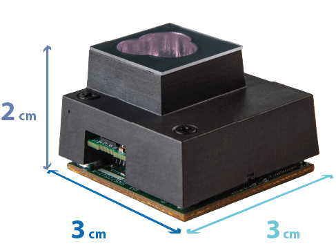 Small black electronic sensor module measuring 3 cm by 3 cm by 2 cm with a square opening on top.