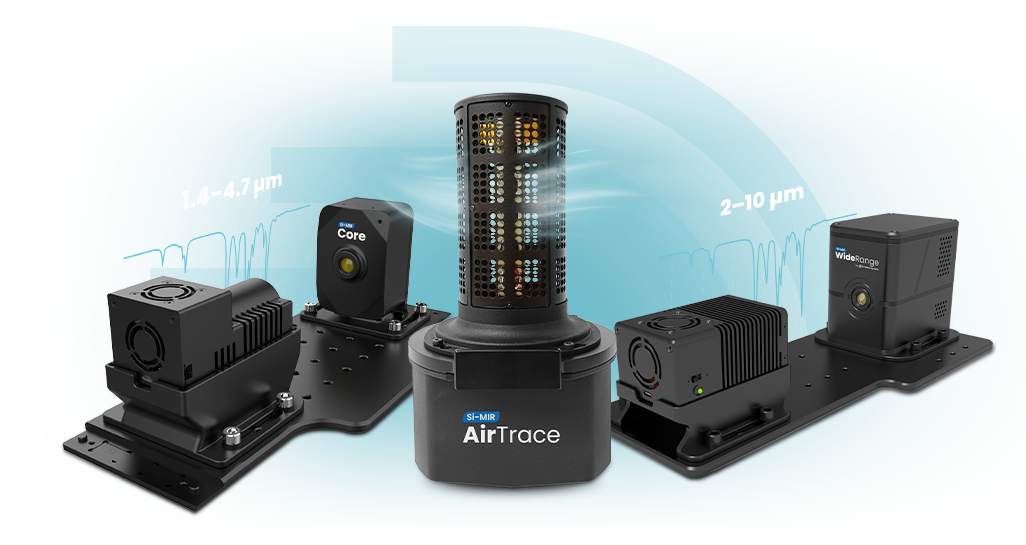 SI-MIR AirTrace air monitoring device with Core and WideRange sensors showing particle size ranges 1.4–4.7 µm and 2–10 µm, on a blue background.
