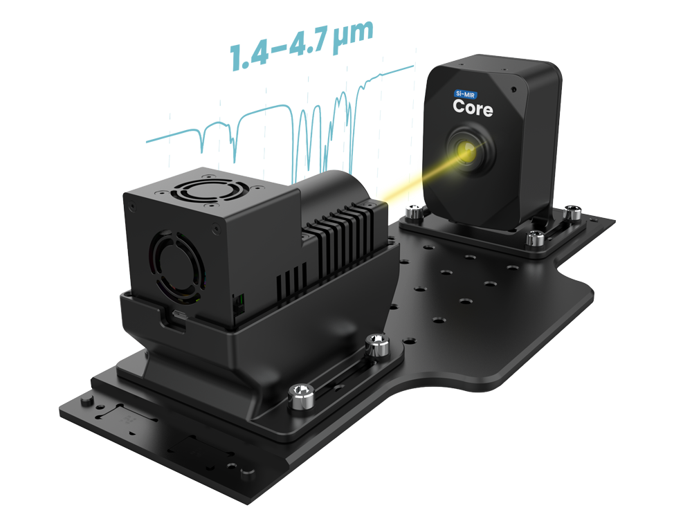 Si-MIR Core scientific instrument with two main black components mounted on a perforated baseplate, emitting a yellow laser beam.