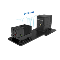 Black Si-MIR WideRange spectral imaging device with two main units mounted on a shared black baseplate, showing light blue spectral wave graphics above.