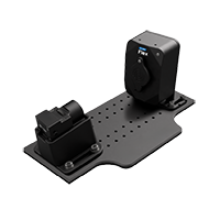 Black flexible mounting plate with two attached devices, one rectangular and one box-shaped with a display.