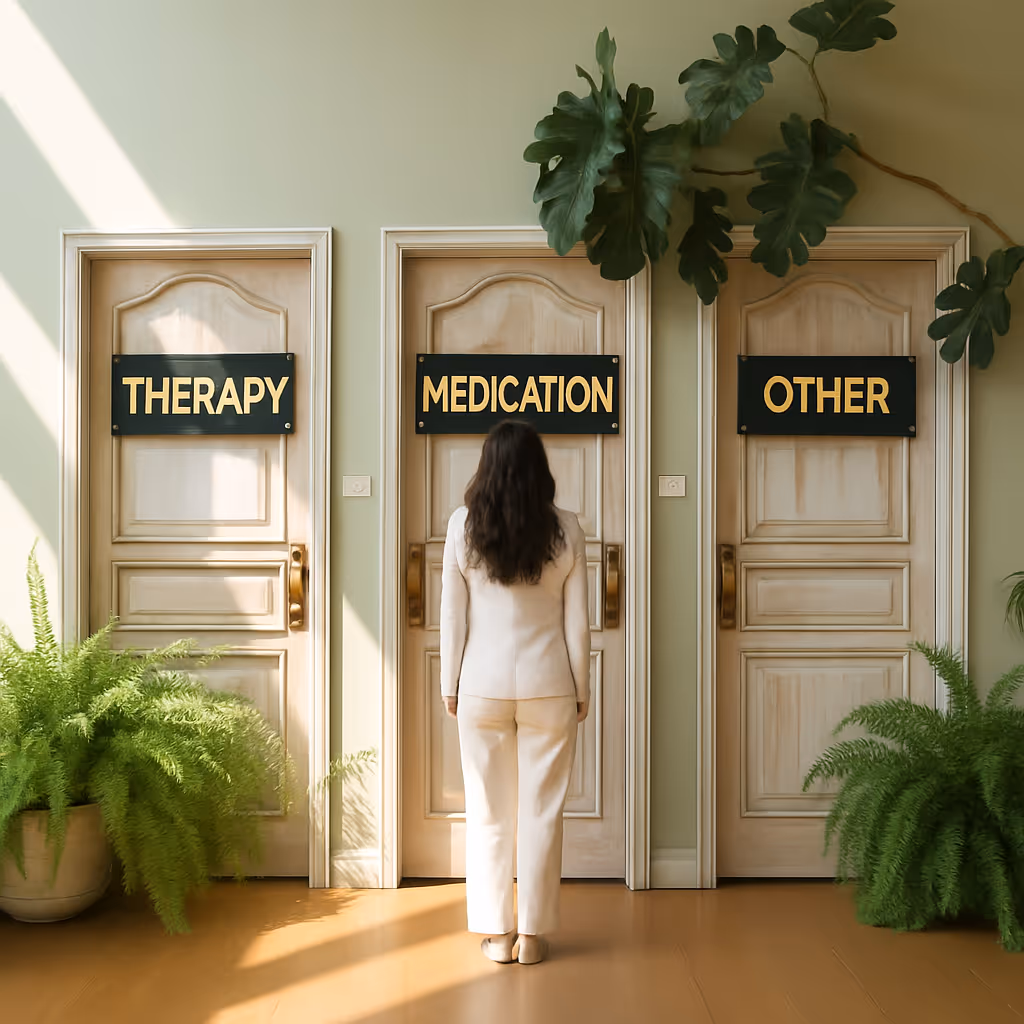Woman choose a door to go in: Tharepy, Medication or Other