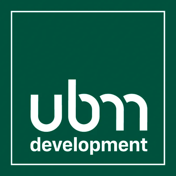 White lowercase letters 'ubm' and word 'development' inside a white square on green background.