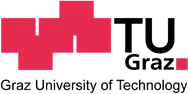 Logo of TU Graz, Graz University of Technology in black and red text and shapes.