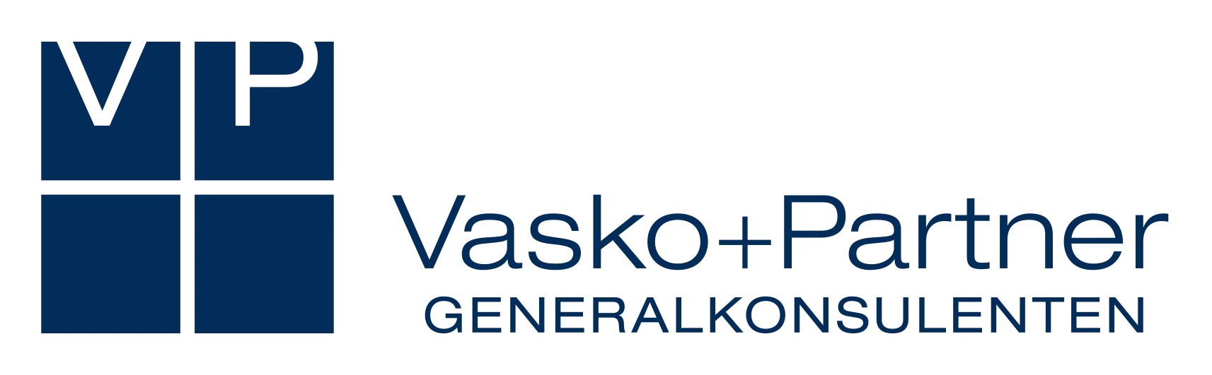 Logo with blue squares and text Vasko+Partner GENERALKONSULENTEN.