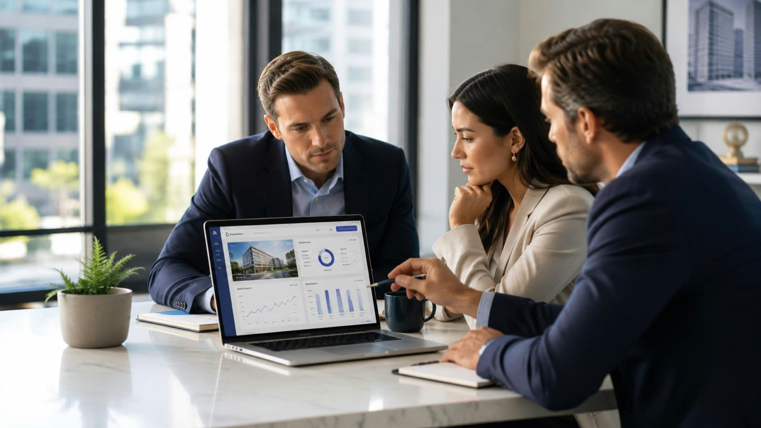 An acquisitions team reviewing a Smart Capital Center underwriting analysis on a laptop