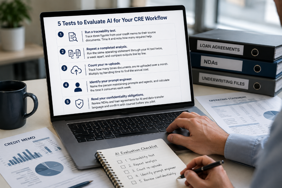Checklist titled 5 Tests to Evaluate AI for Your CRE Workflow: run a traceability test, repeat a completed analysis, count your re-uploads, identify your prompt engineer, and read your confidentiality obligations.