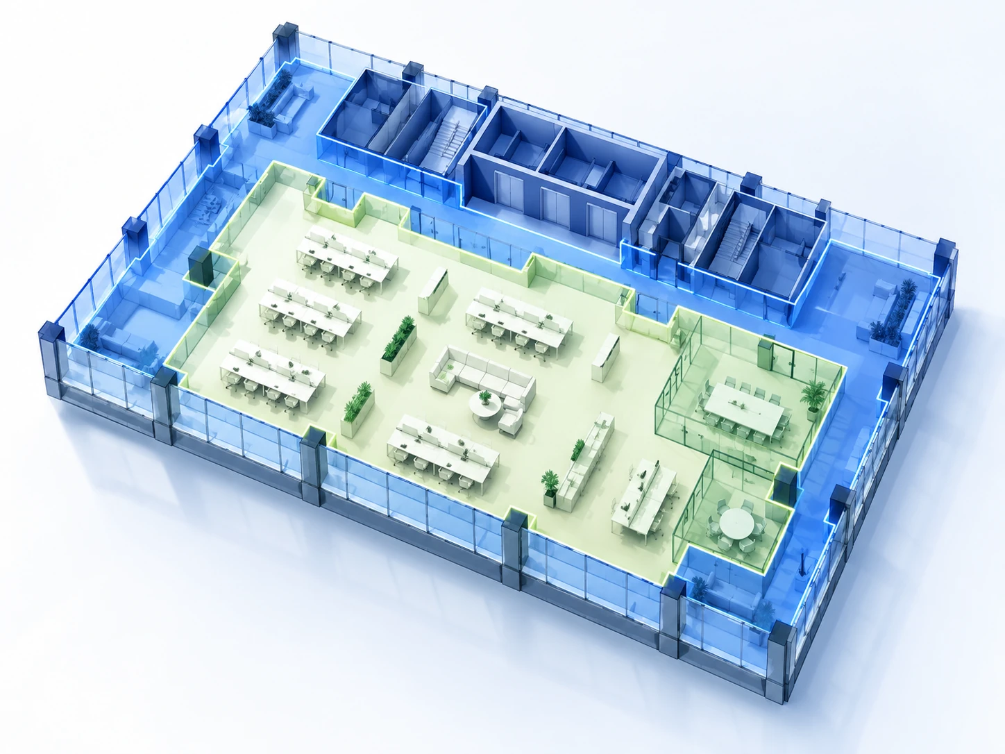 Office floor cutaway separating tenant workspace from shared corridors and building core.