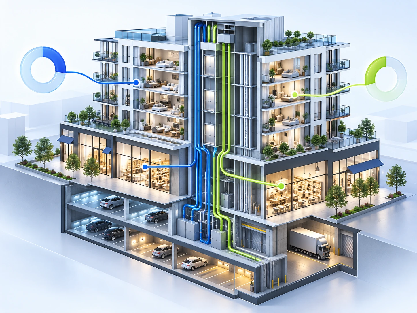 Mixed-use building cutaway showing shared utilities, parking, and separate residential and retail cost paths.