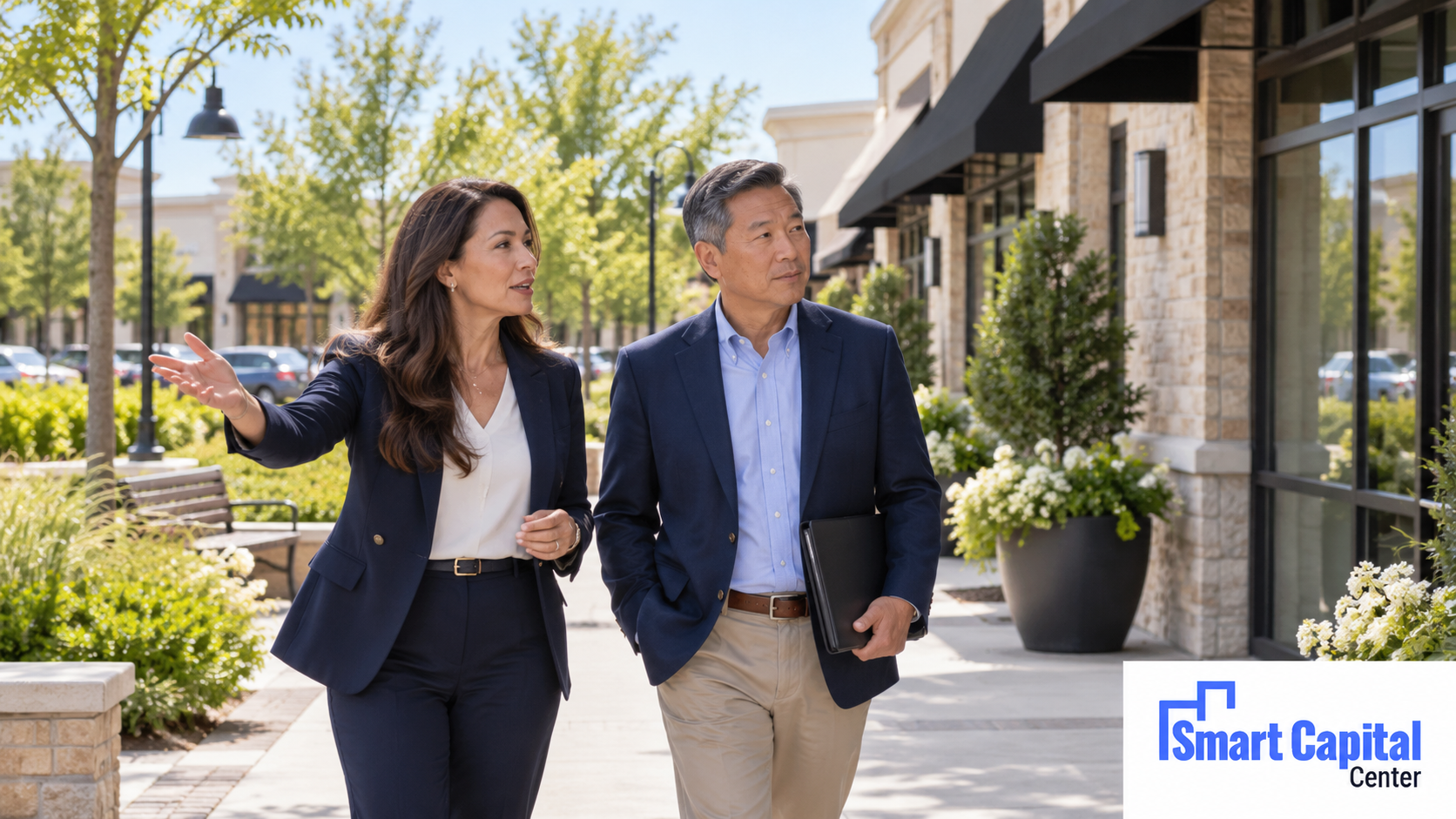 Two commercial real estate professionals walk through a retail property and discuss the asset.