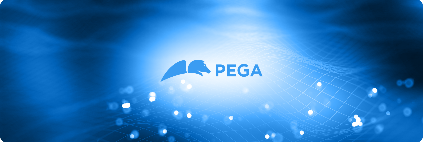 Blue abstract background with the Pega logo and a stylized lion's head.