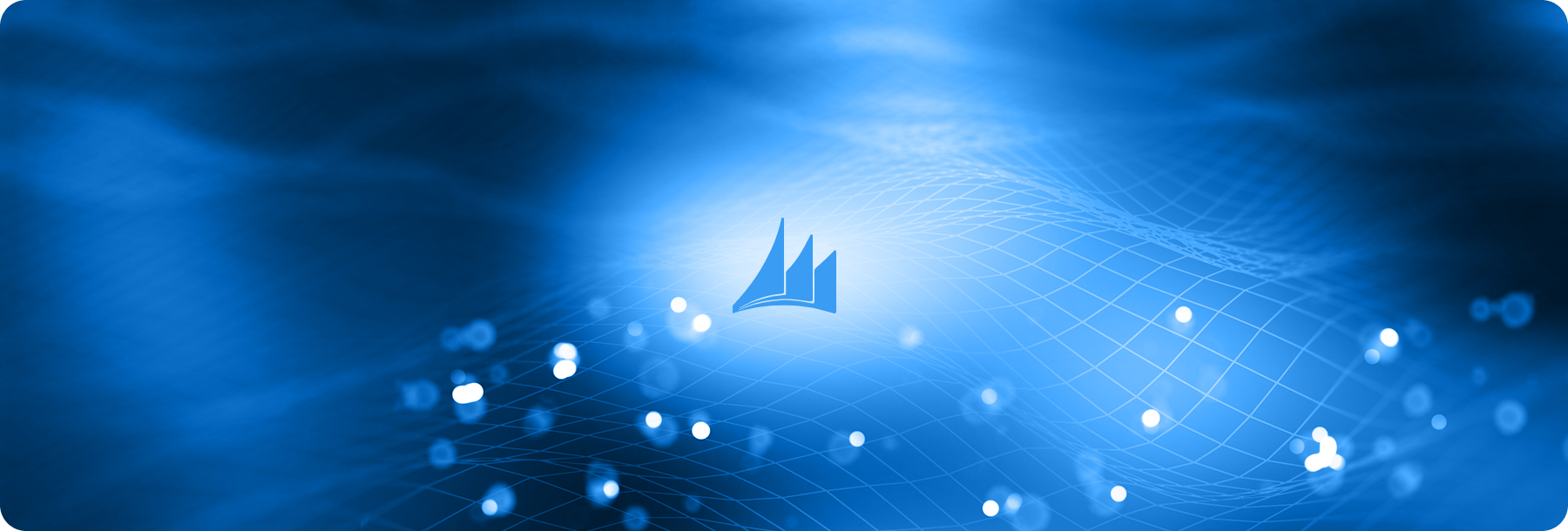 Abstract blue background with a logo and glowing dots.