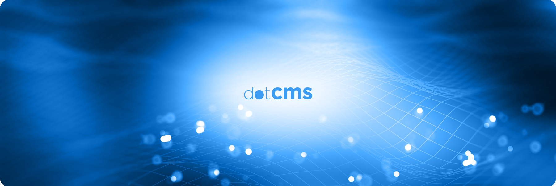 Blue abstract background with glowing dots and the text "dotCMS" in the center.