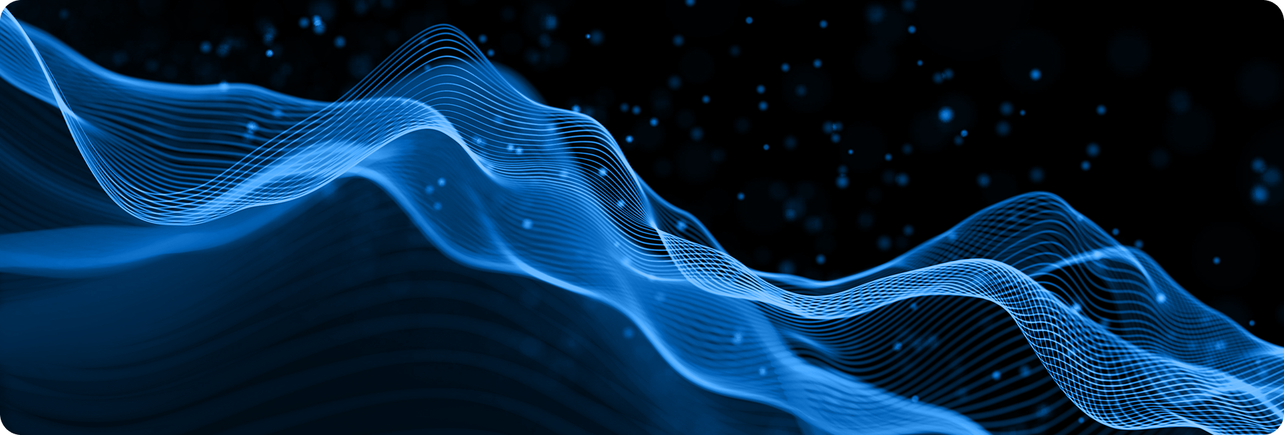 Abstract blue wave patterns on a dark background with scattered light particles.