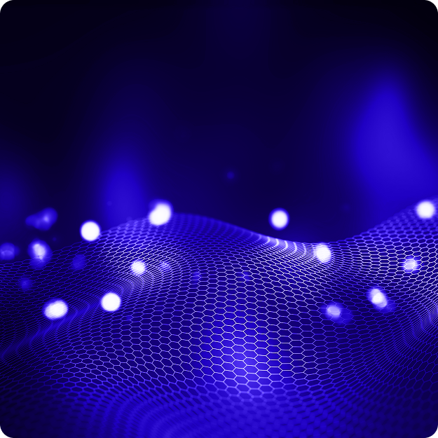 Abstract blue wave pattern with hexagonal grid and glowing orbs.