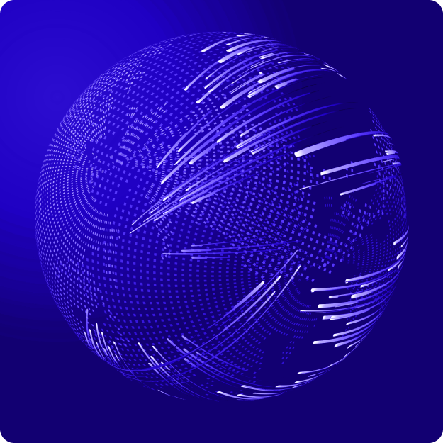 Abstract globe design with dotted patterns and dynamic lines on a blue background.