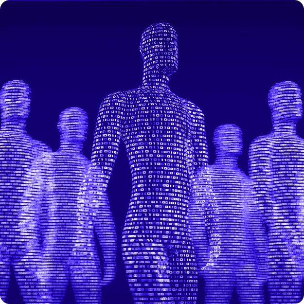 Five humanoid figures made of binary code against a blue background.