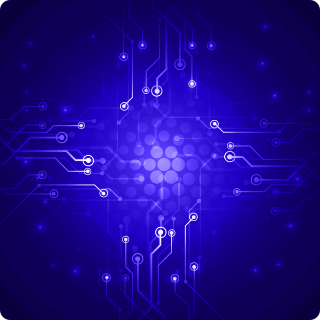 Abstract design with blue background and circuit patterns radiating from a central point.