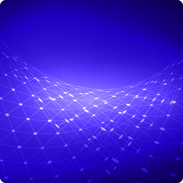 Abstract blue background with a network of white dots and lines forming a wave pattern.
