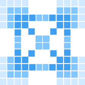 Pixel art style blue robot with a square head, arms, and legs on a light blue grid background.