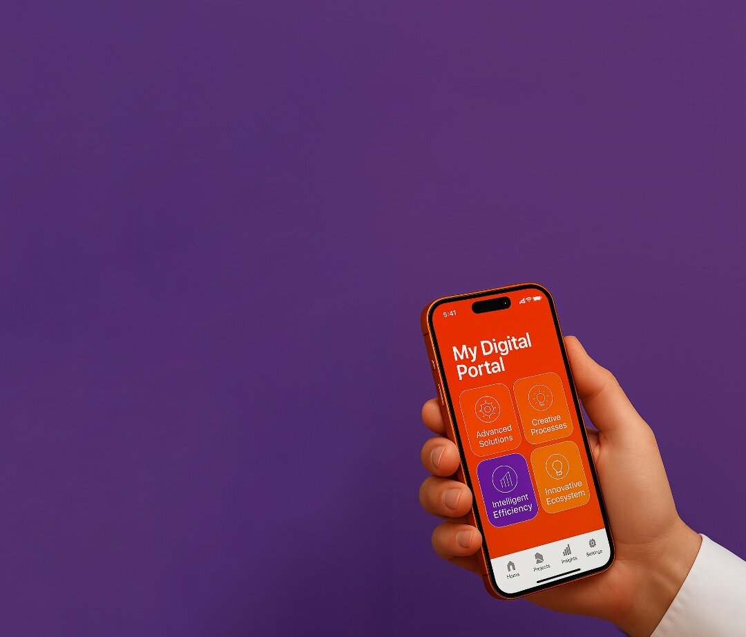 Hand holding smartphone displaying a 'My Digital Portal' app with options for Advanced Solutions, Creative Processes, Intelligent Efficiency, and Innovative Ecosystem on a purple background.