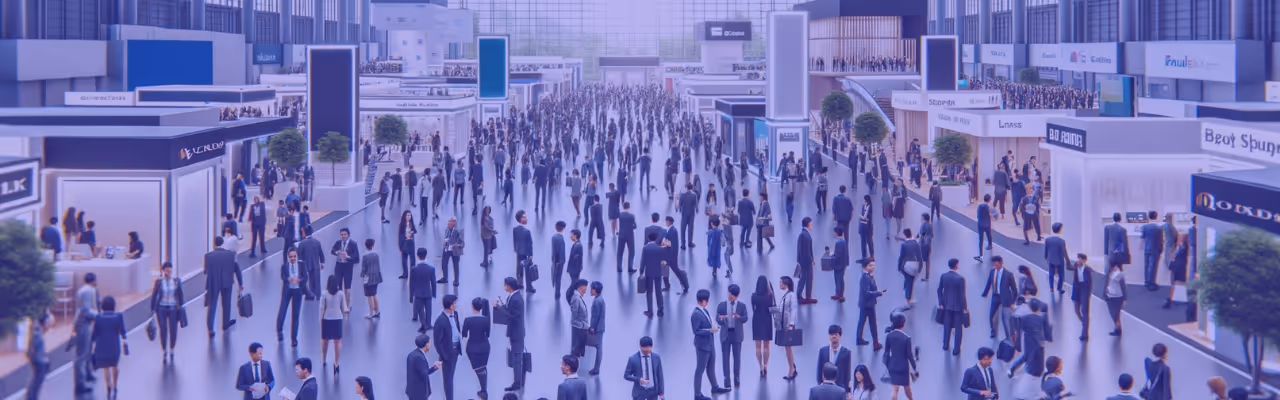 Grande foule de personnes d'affaires dans un grand hall d'exposition avec des stands commerciaux alignés.