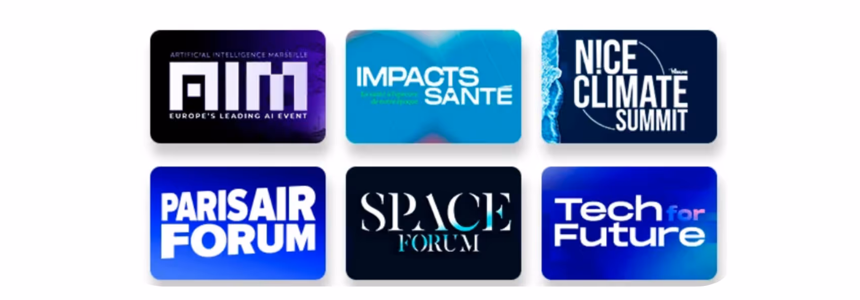 Six logos of conferences: AIM, Impacts Santé, Nice Climate Summit, Paris Air Forum, Space Forum, Tech for Future.