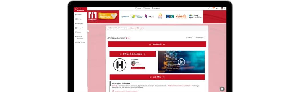 Interface web rouge affichant un profil avec offres technologiques et sponsors d'événements business meetings.