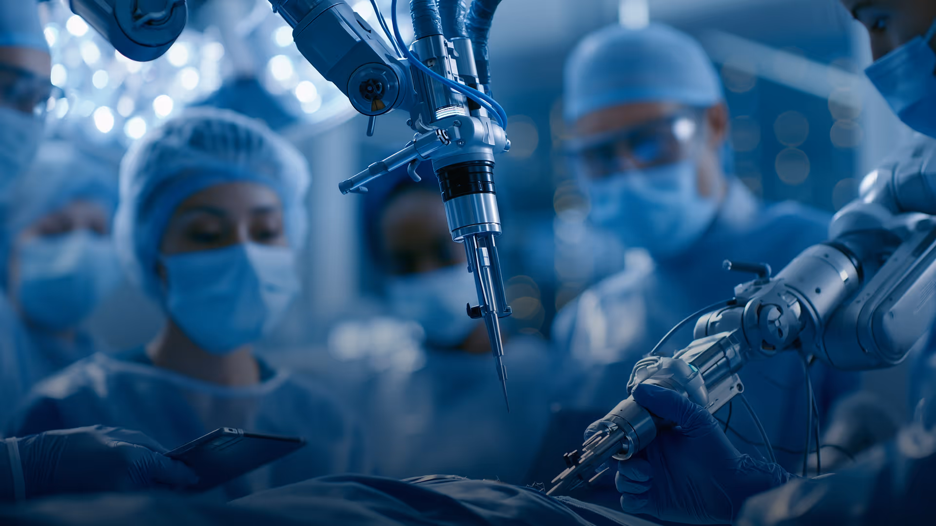 Une équipe médicale en salle d’opération utilise un robot chirurgical pour une intervention.