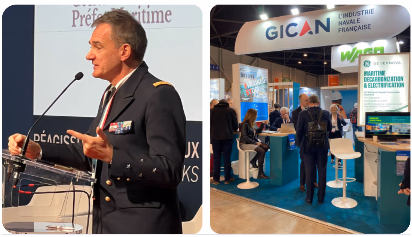 Homme en uniforme parlant au micro à gauche, participants échangeant à un stand GICAN à droite.