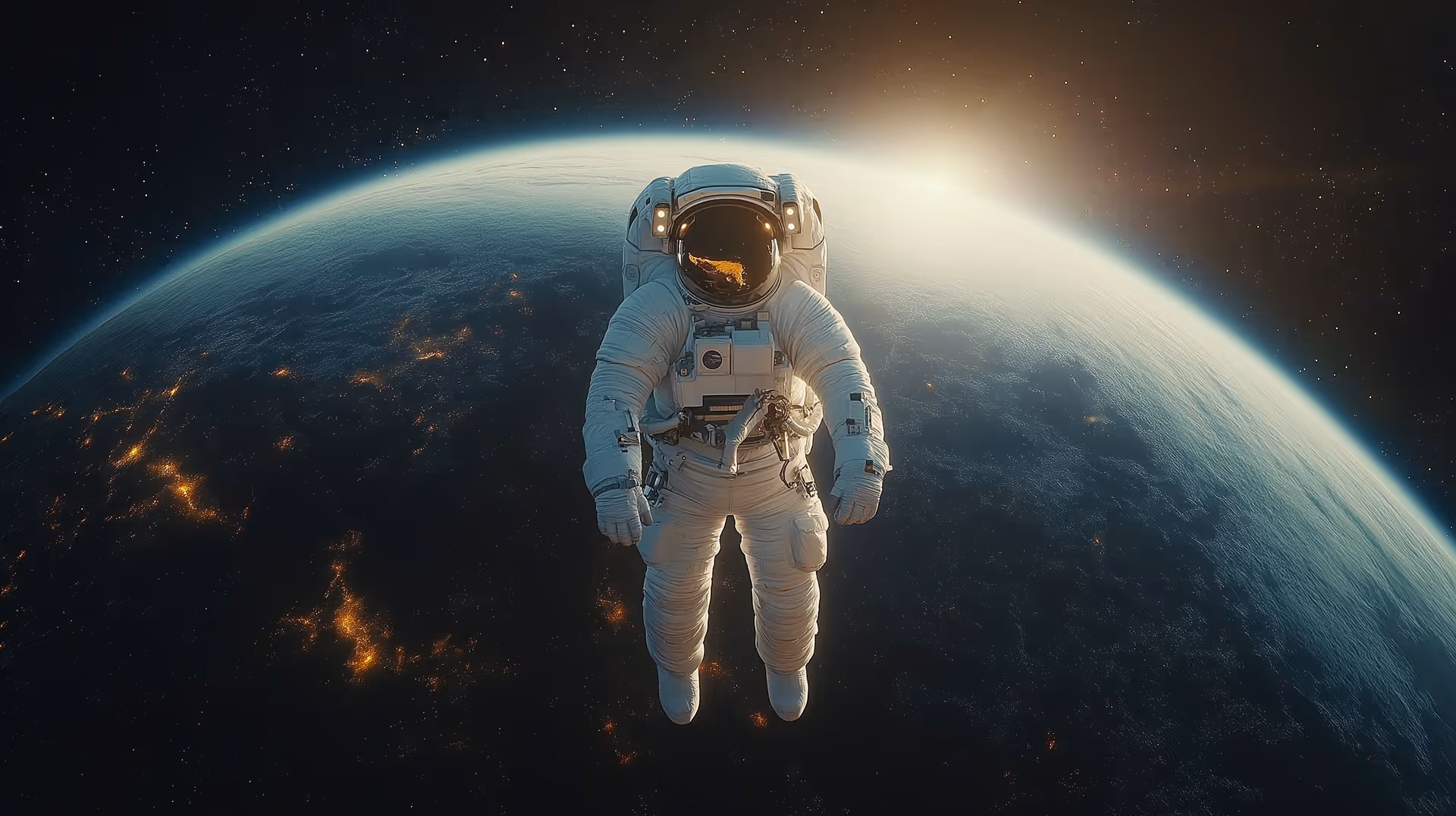 Astronaute flottant dans l'espace avec la Terre illuminée et le soleil à l'horizon en arrière-plan.