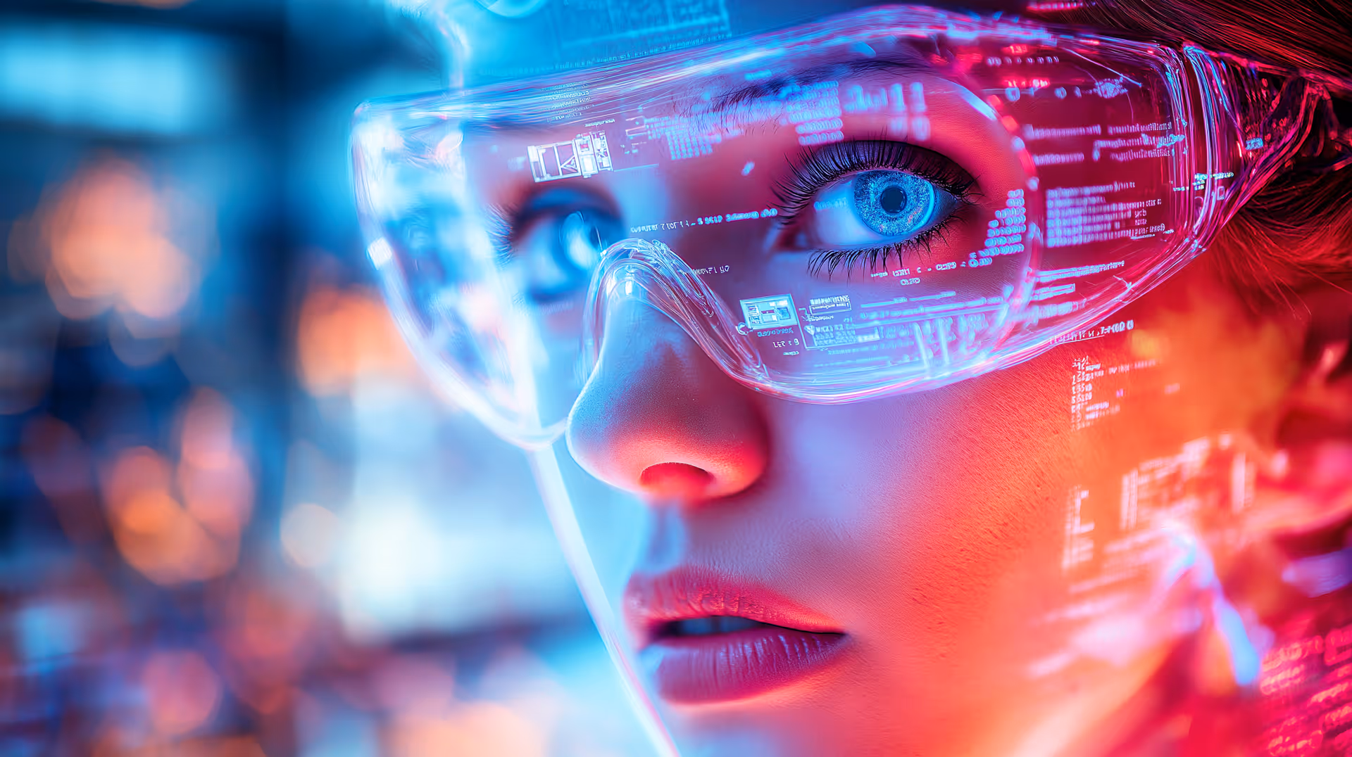 Visage d'une femme portant des lunettes de protection avec des données numériques affichées dessus.
