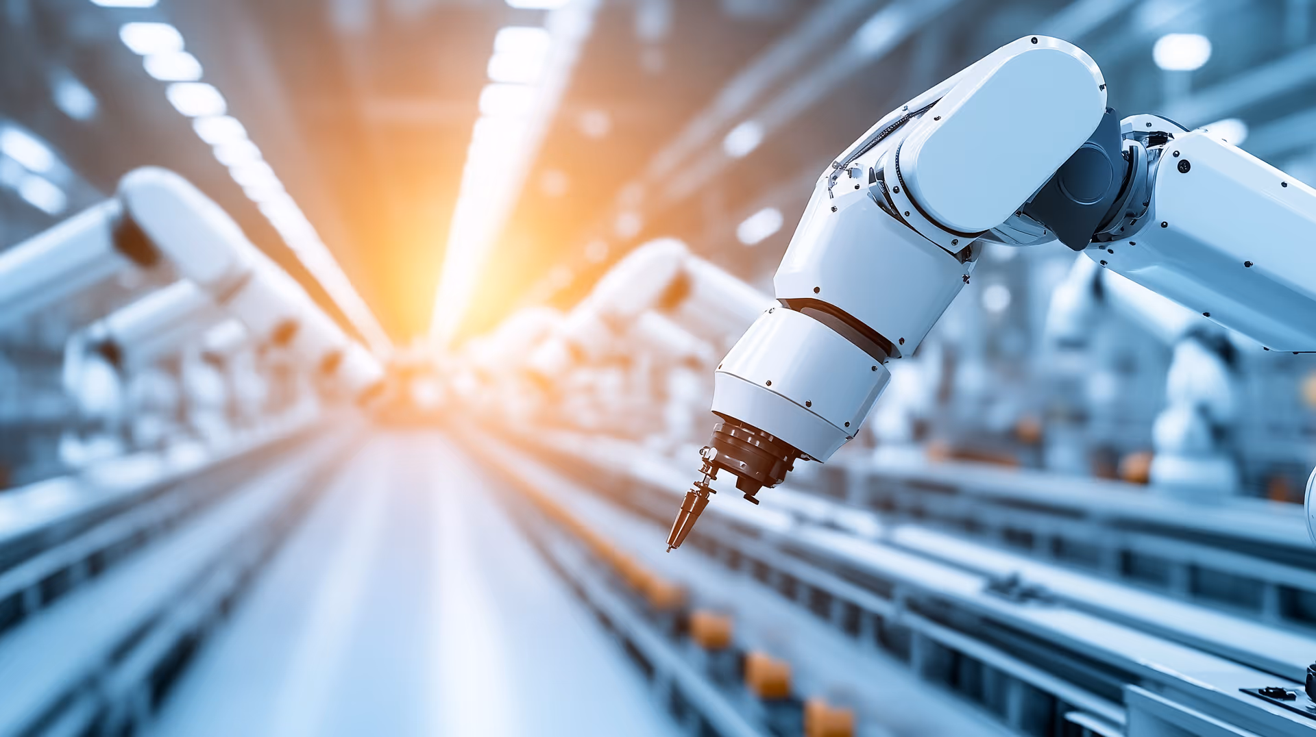 Bras robotisés blancs alignés dans une usine moderne avec un éclairage chaleureux en arrière-plan.