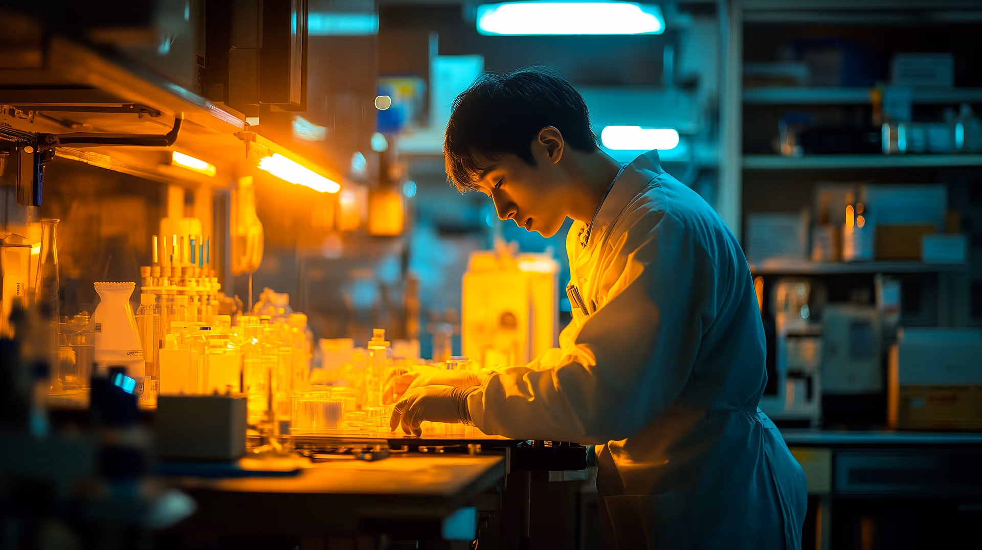 Chercheur en blouse blanche manipulant des éprouvettes dans un laboratoire éclairé en jaune.