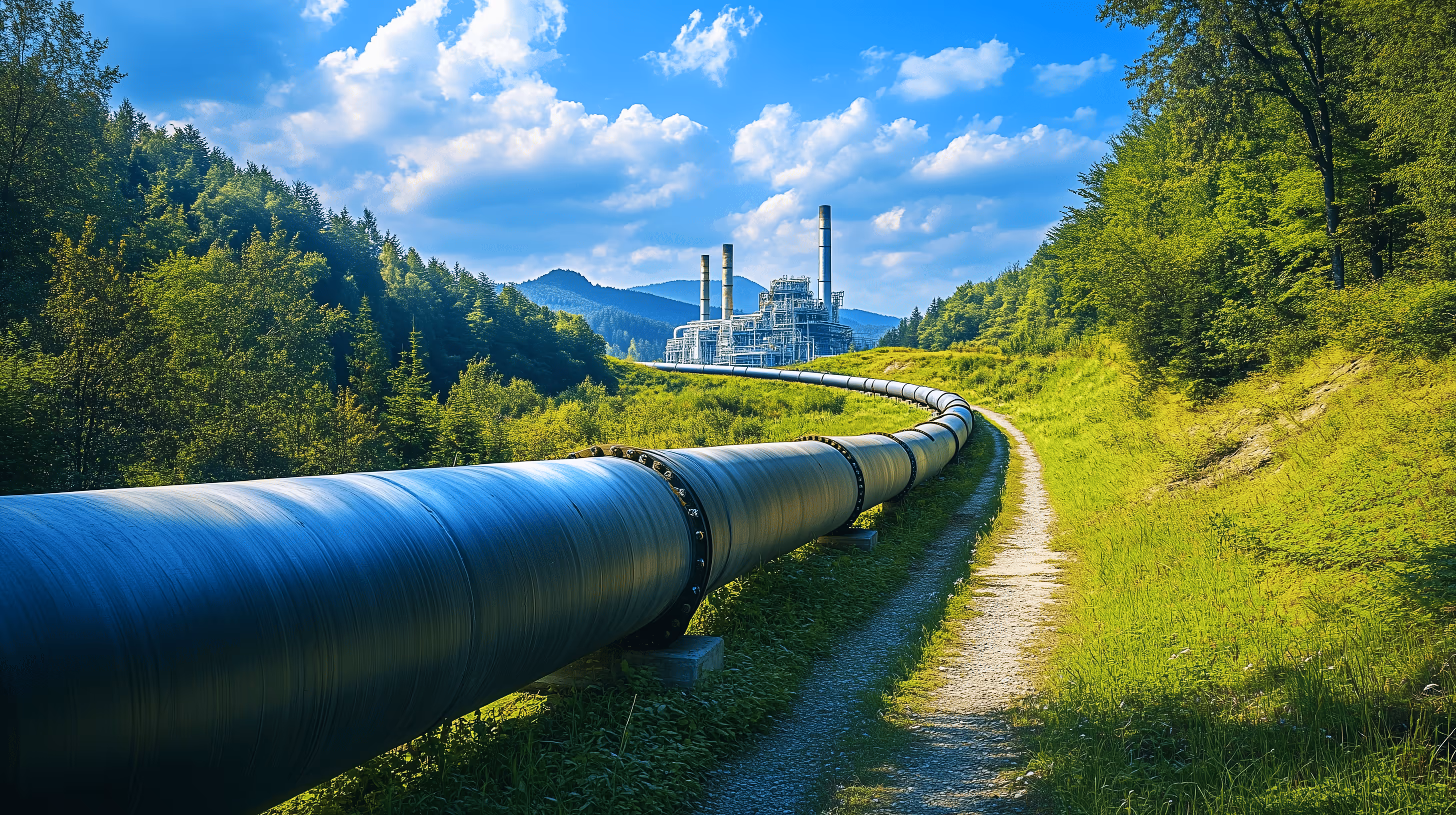 Un long pipeline de gaz traverse un paysage vallonné verdoyant vers une usine industrielle sous un ciel bleu.