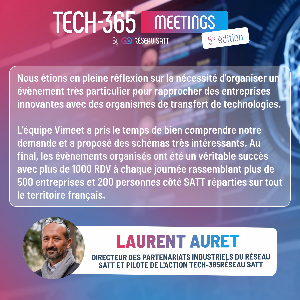 Visage de Laurent Auret souriant avec une barbe légère et des lunettes posées sur la tête, sur fond flou. Texte en haut annonçant Tech-365 Meetings 5e édition par Réseau SATT. Citation en français décrivant le succès des événements visant à rapprocher entreprises innovantes et organismes de transfert technologique, avec plus de 1000 rendez-vous par jour, réunissant plus de 500 entreprises et 200 personnes du réseau SATT en France. Laurent Auret est présenté comme directeur des partenariats industriels et pilote de l'action Tech-365 Réseau SATT.