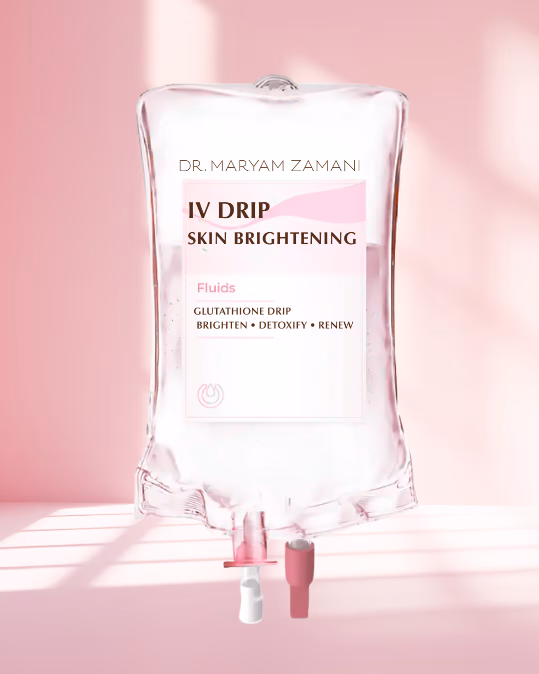IV drip bag labeled 'Dr. Maryam Zamani IV Drip Skin Brightening' with Glutathione Drip for brightening, detoxifying, and renewing, set against a soft pink background.