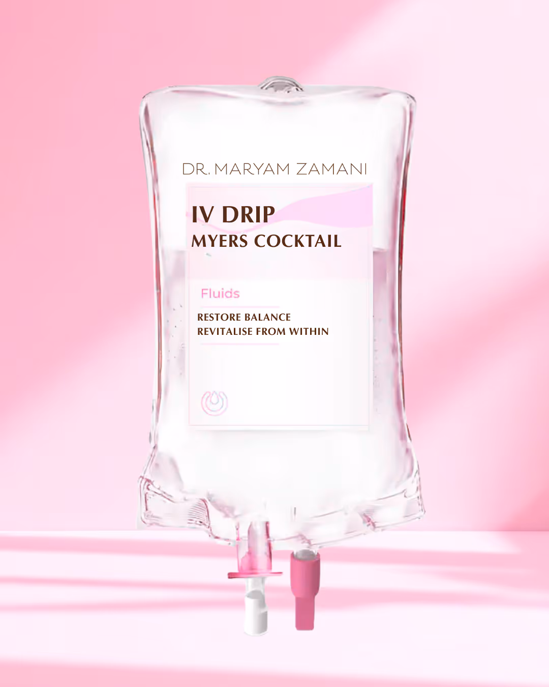 IV drip bag labeled 'Dr. Maryam Zamani IV Drip Myers Cocktail' on a pink background.