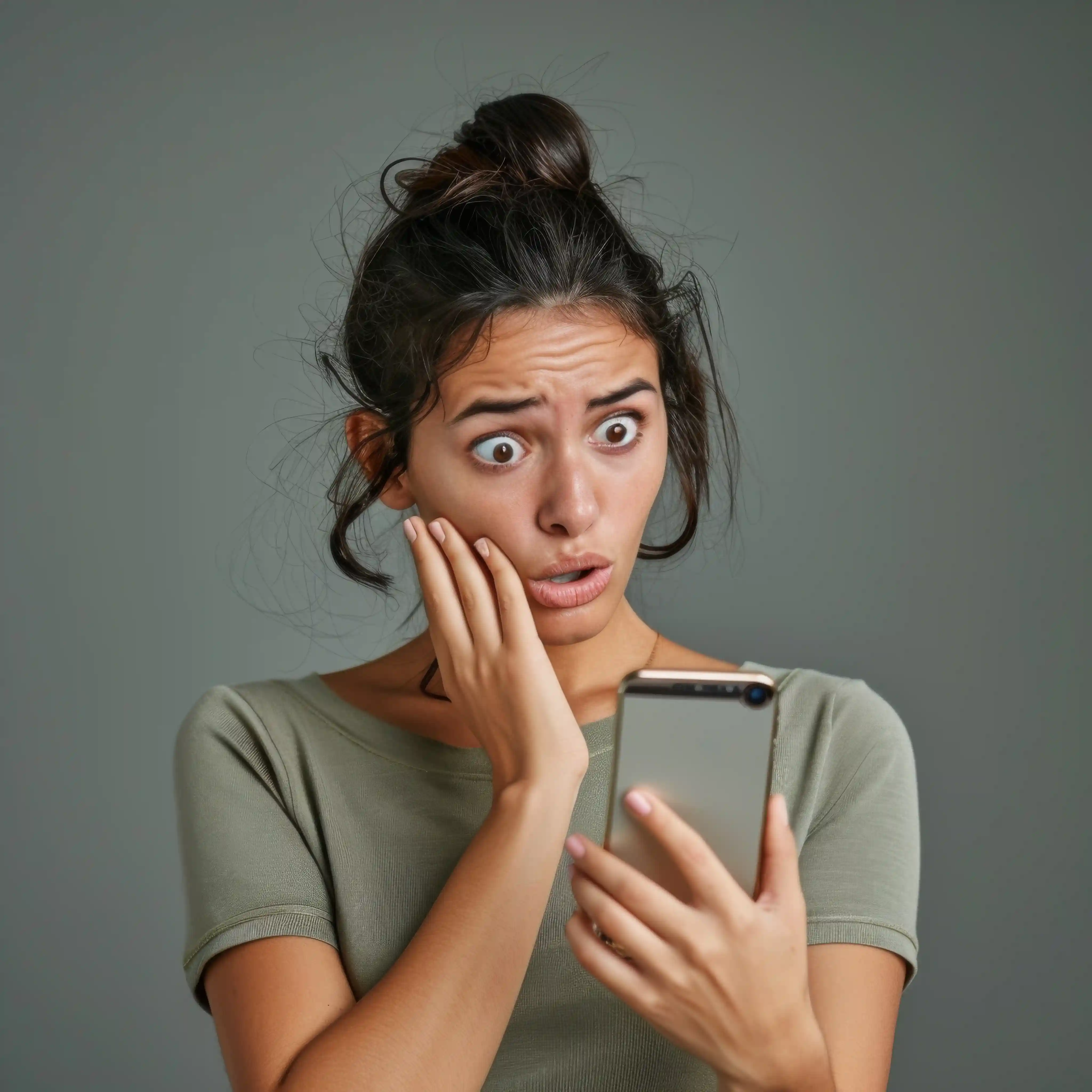 Ung kvinde med opsat hår og grøn bluse ser chokeret og forundret på sin smartphone, mens hun holder hånden mod kinden. Billedet illustrerer en situation, hvor et vigtigt opkald er blevet misset – og understreger vigtigheden af professionel Telefonpasning for at undgå tabte kunder og muligheder.