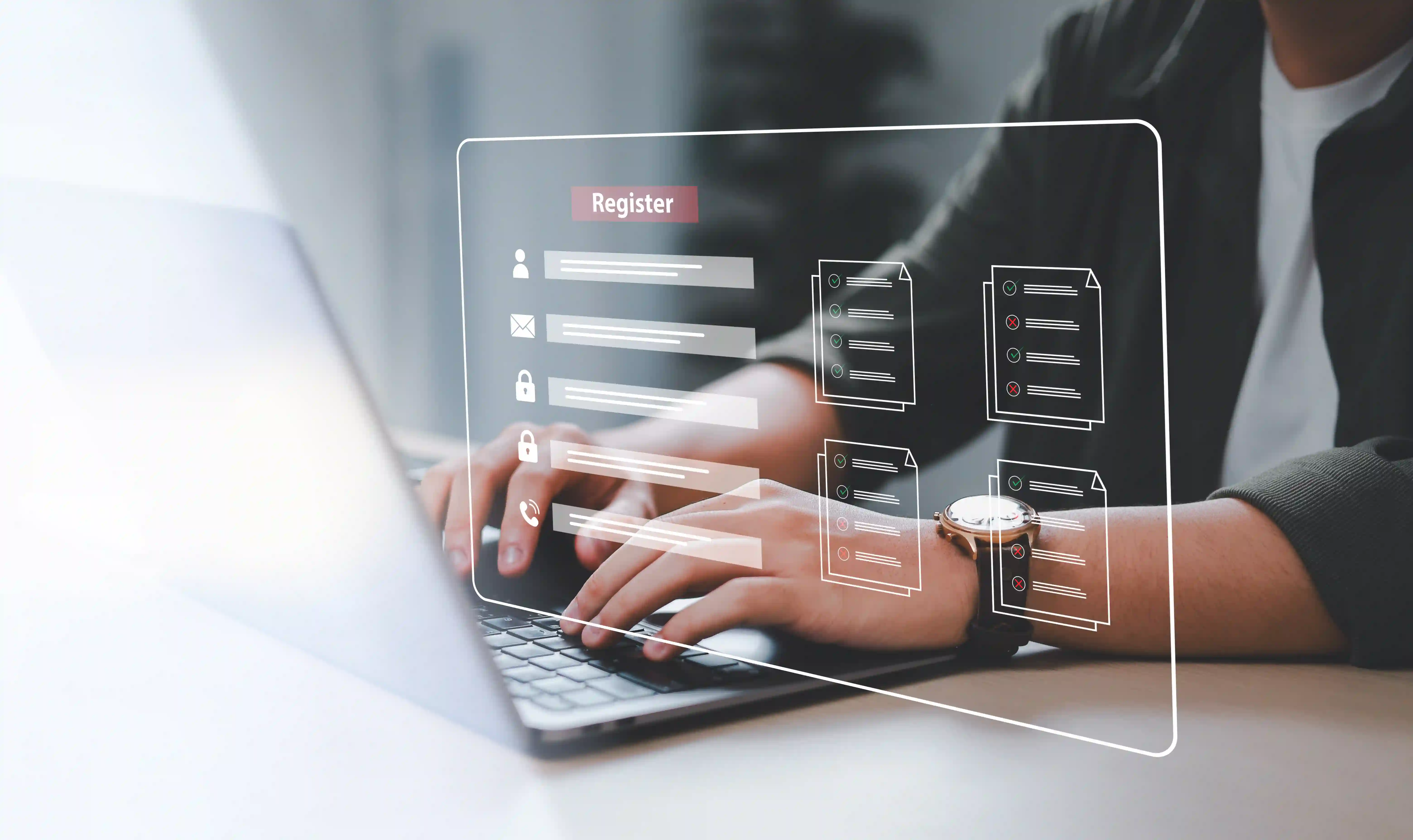 En person sidder ved en bærbar computer og udfylder en digital registreringsformular, der vises som en gennemsigtig brugerflade med ikoner og tjeklister – symboliserer online virksomhedsoprettelse.