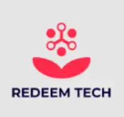 Logoet for "REDEEM TECH" viser en moderne, rød grafisk figur bestående af to blade nederst og et netværkslignende symbol med fem forbundne cirkler øverst, hvilket skaber en visuel balance mellem natur og teknologi. Under symbolet står firmanavnet skrevet med mørkeblå blokbogstaver. Logoet signalerer innovation, bæredygtighed og teknologisk udvikling med fokus på vækst eller digital transformation