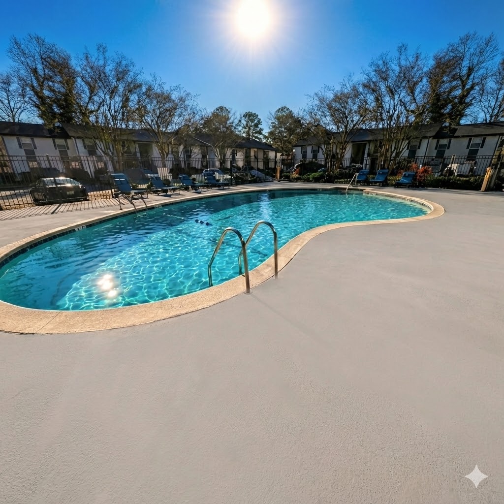 The Benton curved swimming pool with blue lounge chairs surrounded by trees in Hoover, Alabama