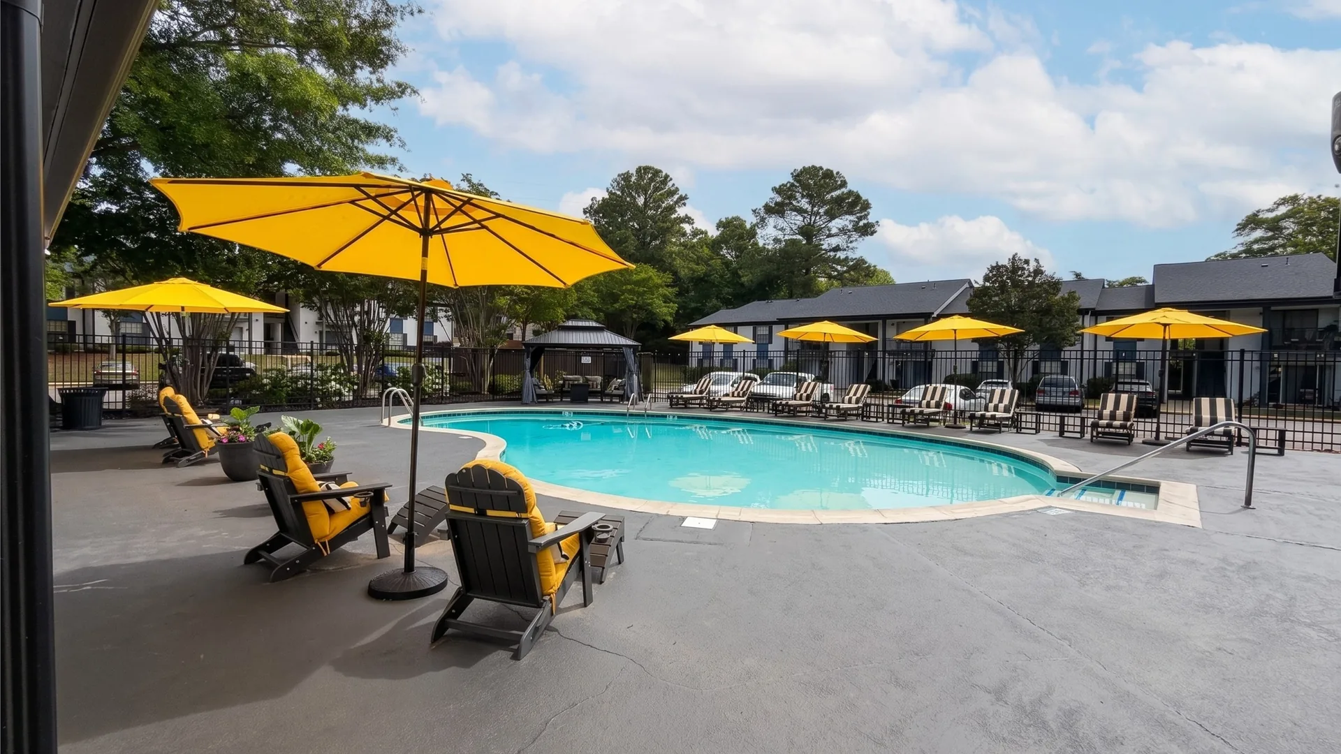 Resort-style pool area at The Benton apartments in Hoover, AL