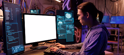 Un joven programador con una sudadera con capucha escribe intensamente en un ordenador con varios monitores en una habitación con poca luz, luz morada y grafitis. El monitor central está en blanco.