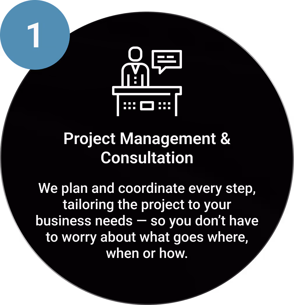 A bubble with a draw of a man behind a desk with a conversation bubble inside, showing the project management and consultation service
