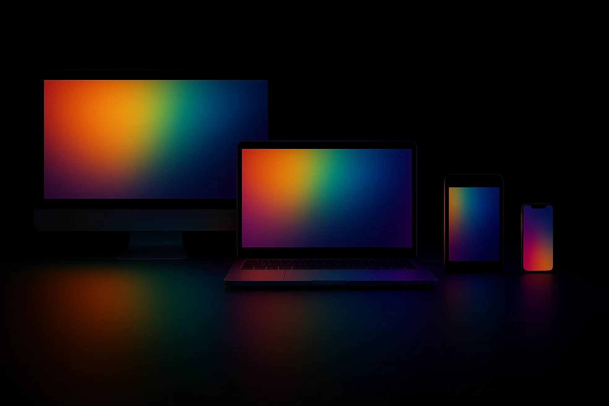 A screen, a laptop, a tablet and a phone all of them next to each other with a gradient background