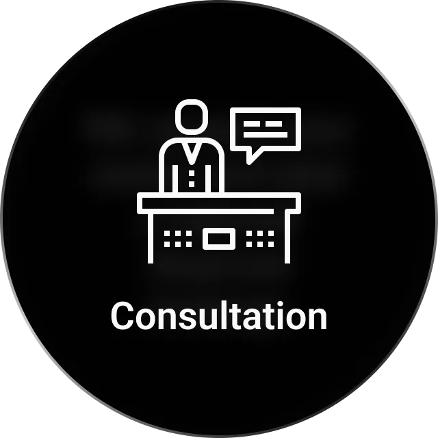 Icon with a man standing behind his desk with a coversation bubble